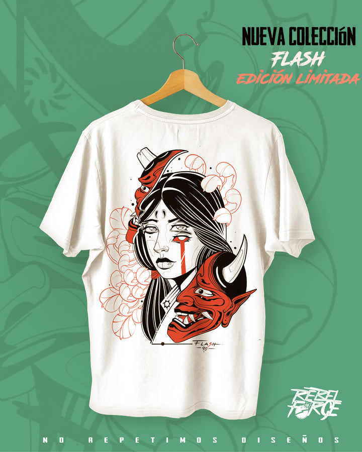 Rebel Forge x Flash — Playera Beige/Hueso "Geisha/Oni"